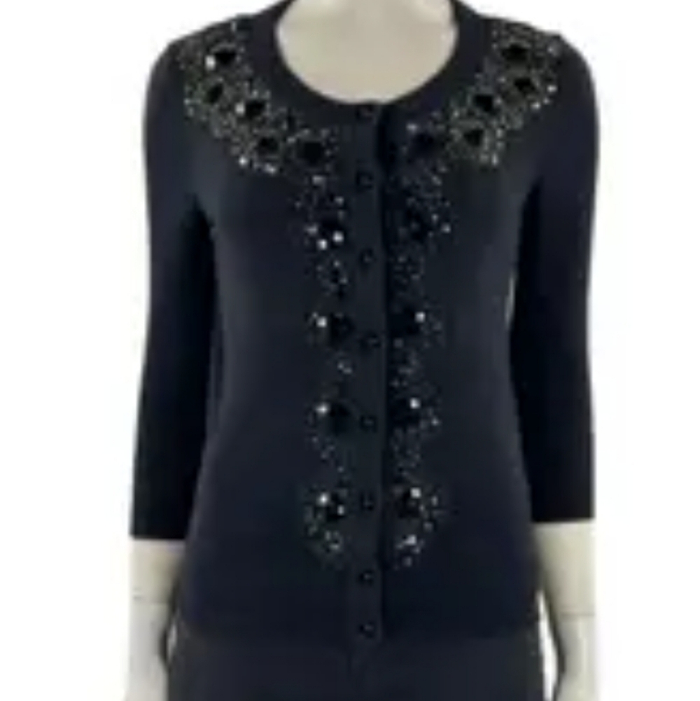 Kate Spade Embellished Black 3/4 Sleeve Cardigan Small